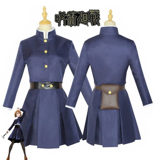 Costume cosplay : veste bleu marine à boutons dorés et jupe plissée, ceinture