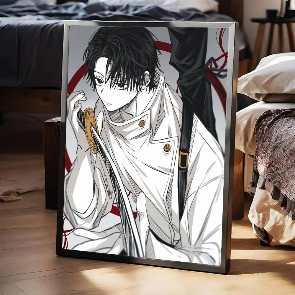 Poster Jujutsu Kaisen Yuta Ruban Rouge : affiche en cadre avec personnage en tenue blanche et noire, rubans rouges.