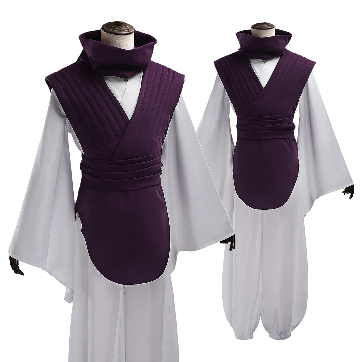 Ensemble de cosplay : gilet violet côtelé, haut blanc kimono, ceinture et pantalon assortis.