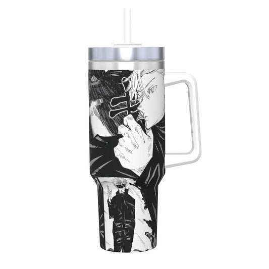 Gourde isotherme avec couvercle argent et poignée, motif manga noir et blanc