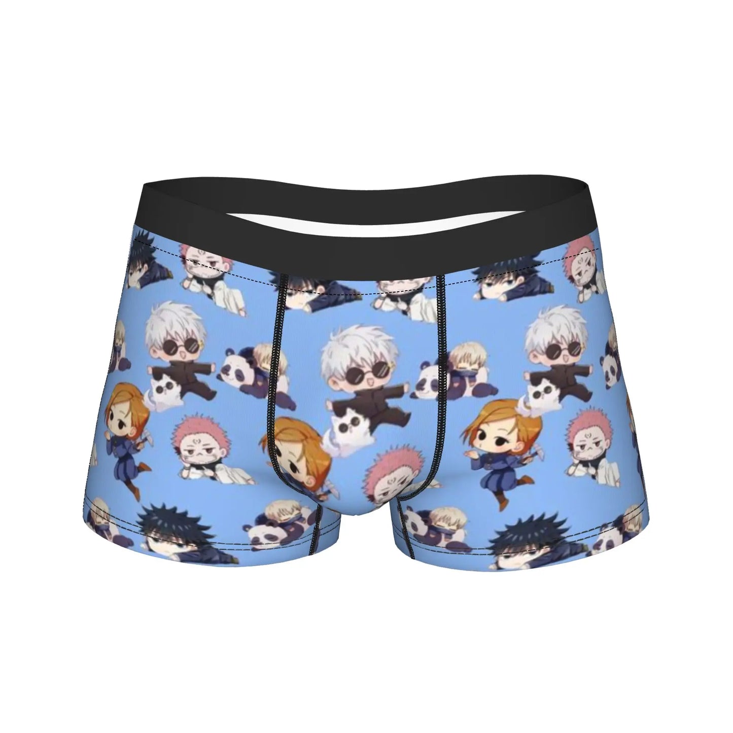 Boxer homme bleu à motif anime, ceinture élastique noire, coupe courte