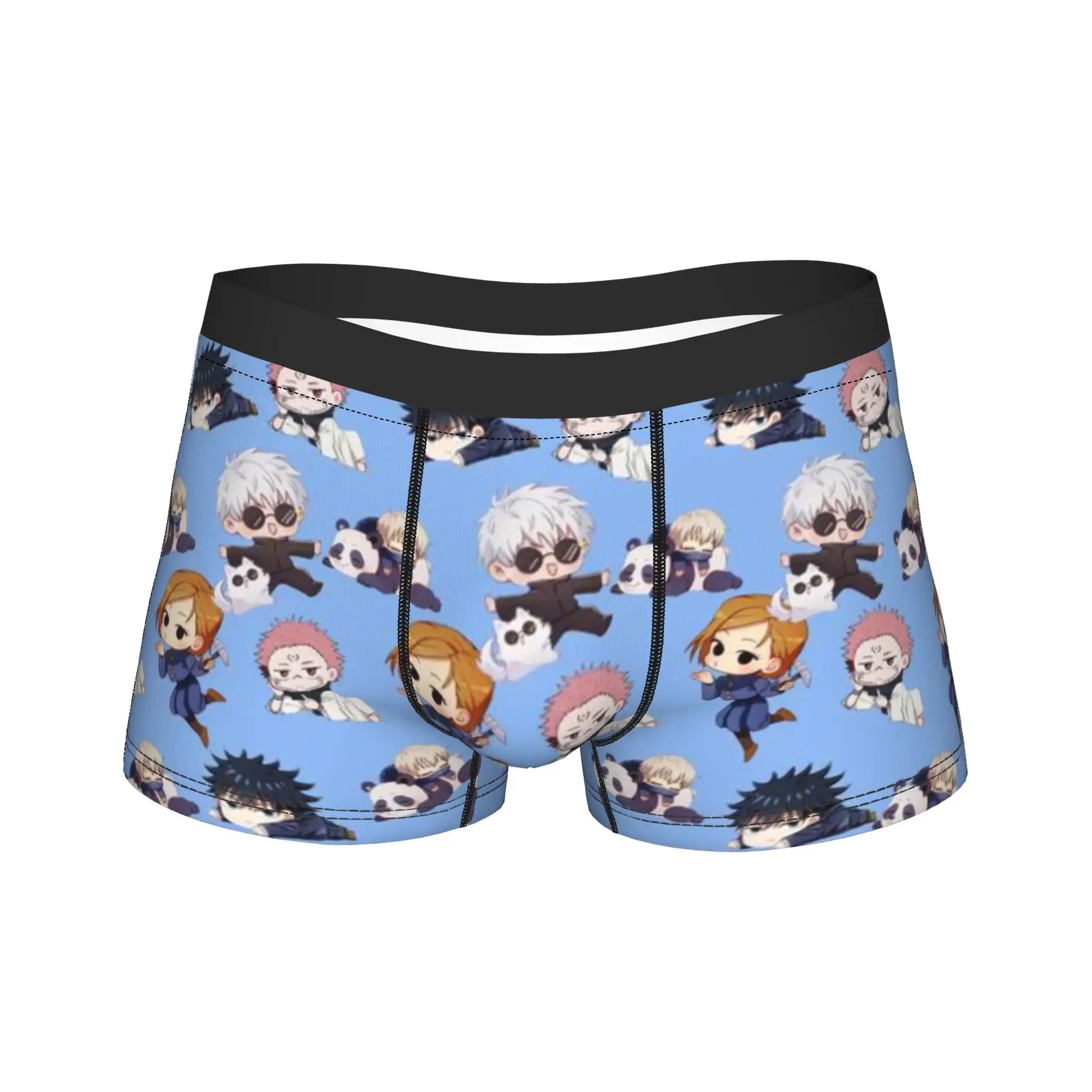 Boxer homme bleu à motif anime, ceinture élastique noire, coupe courte