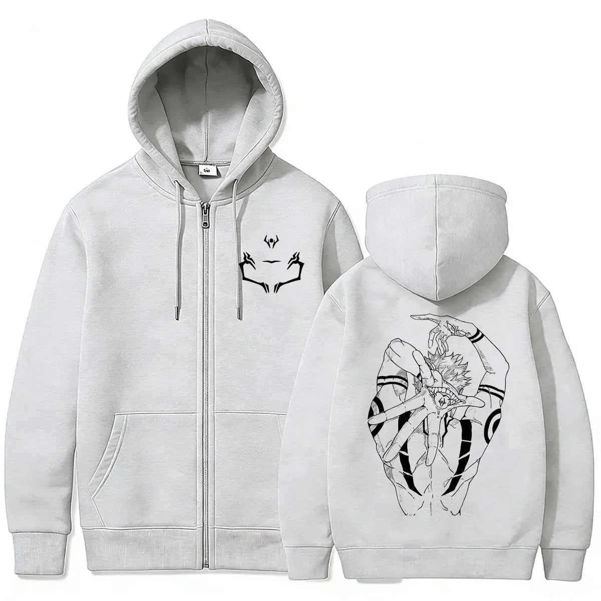 Veste à capuche zippée gris clair, imprimé démon aux yeux devant et dos, poches kangourou