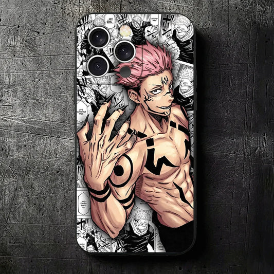 Coque iPhone Ryomen Sukuna, illustration manga buste rose et noir, ouvertures caméras arrière