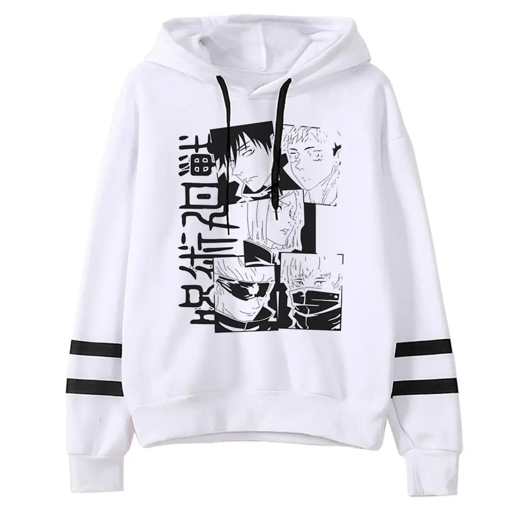 Pull Jujutsu Kaisen Choso Cases Manga Verticales : sweat à capuche blanc avec imprimé manga vertical et manches rayées noires