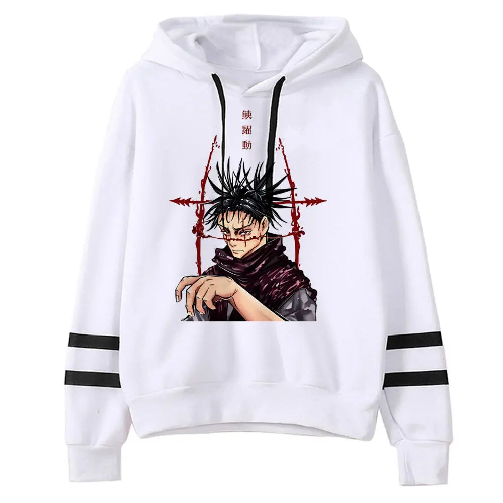 Pull Jujutsu Kaisen Choso Arc Rouge Écharpe : sweat à capuche blanc avec imprimé anime rouge et noir, rayures noires aux manches