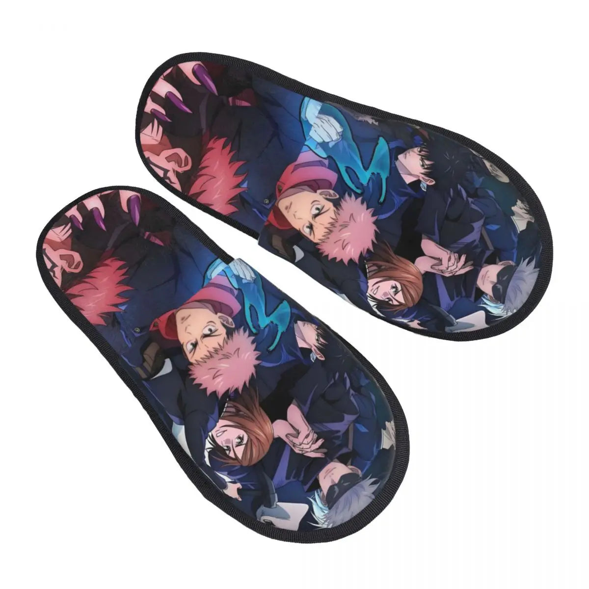 Chaussons bleus à imprimé manga Quatuor Exorcistes, bord noir et semelle souple.