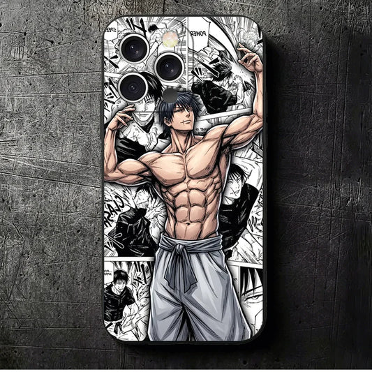 Coque iPhone noire avec illustration Toji en noir et blanc, dos renforcé et ouvertures caméra.