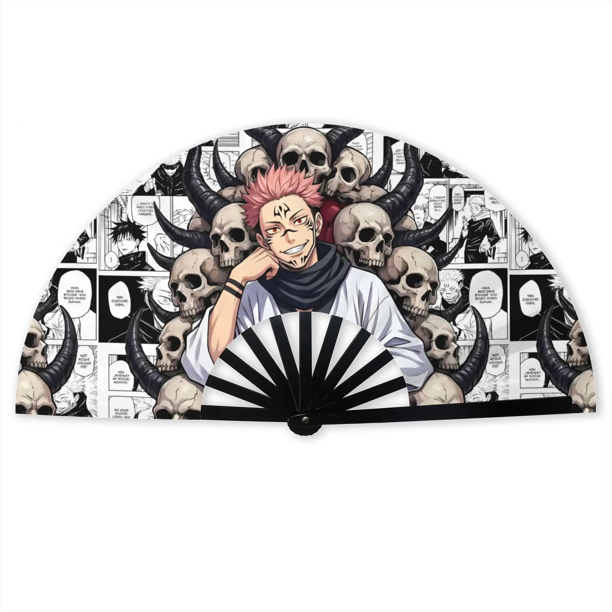Éventail pliable noir et blanc au motif crânes et personnage anime
