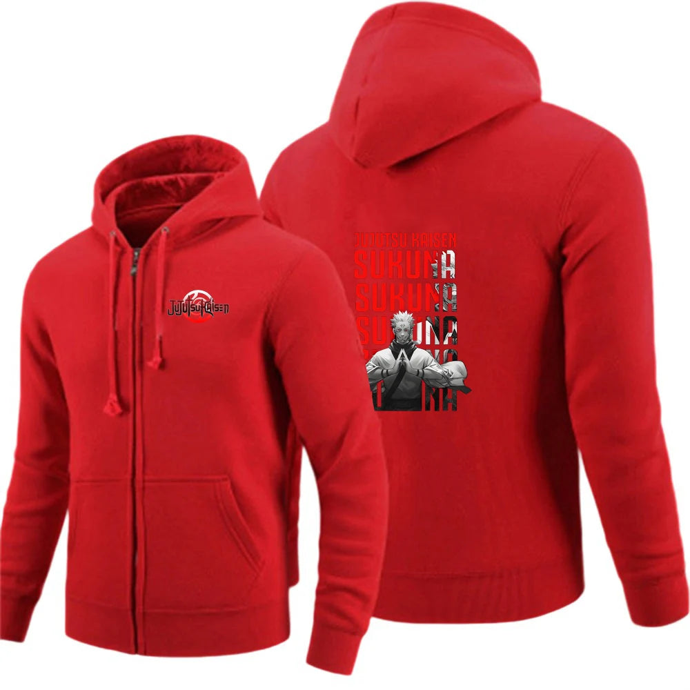 Gilet à capuche zippé rouge avec poche kangourou et grand motif au dos