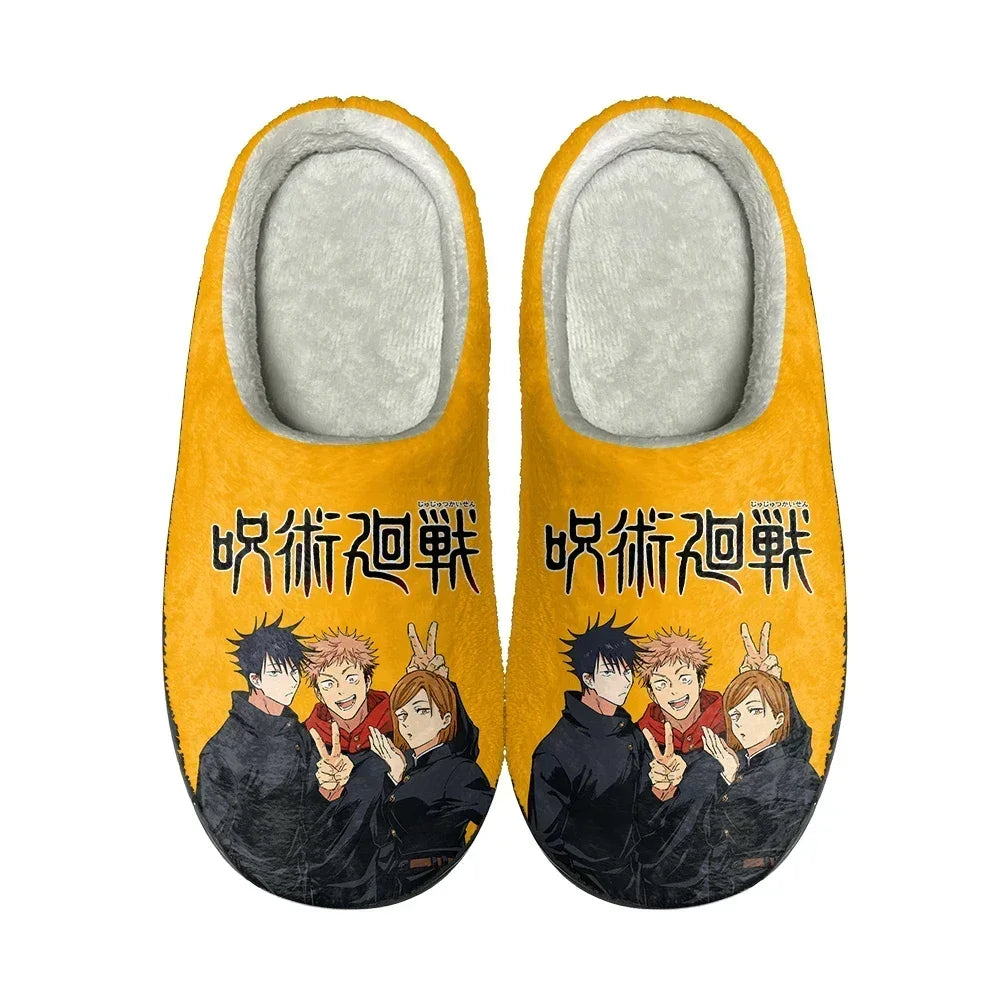 Chaussons Jujutsu Kaisen jaunes à motif anime, semelle noire, enfiler.