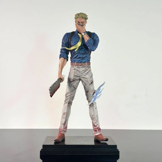 Figurine Jujutsu Kaisen Nanami Kento Trois Têtes 32cm : de Nanami Kento : veste bleue, pantalon clair, main sur le visage, arme et socle
