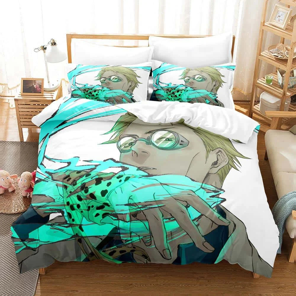 Parure de lit : housse et taies à motif anime vert et bleu, personnage.