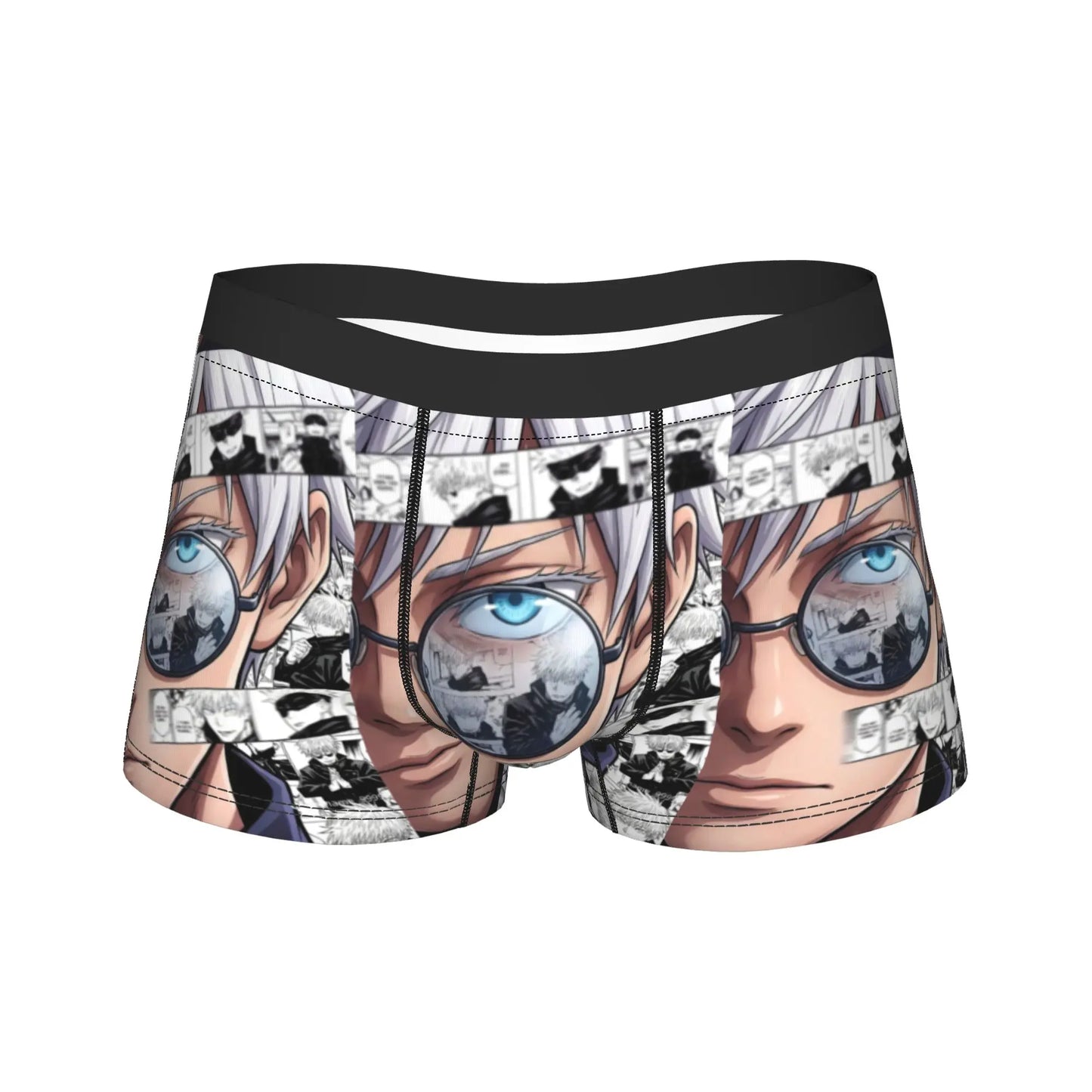 Boxer noir imprimé, motif anime yeux bleus et visage, ceinture élastique visible.