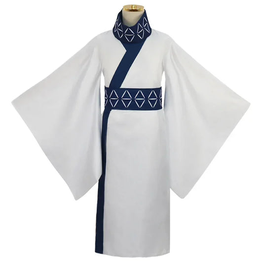 Kimono cosplay blanc avec col bleu marine et motifs géométriques blancs