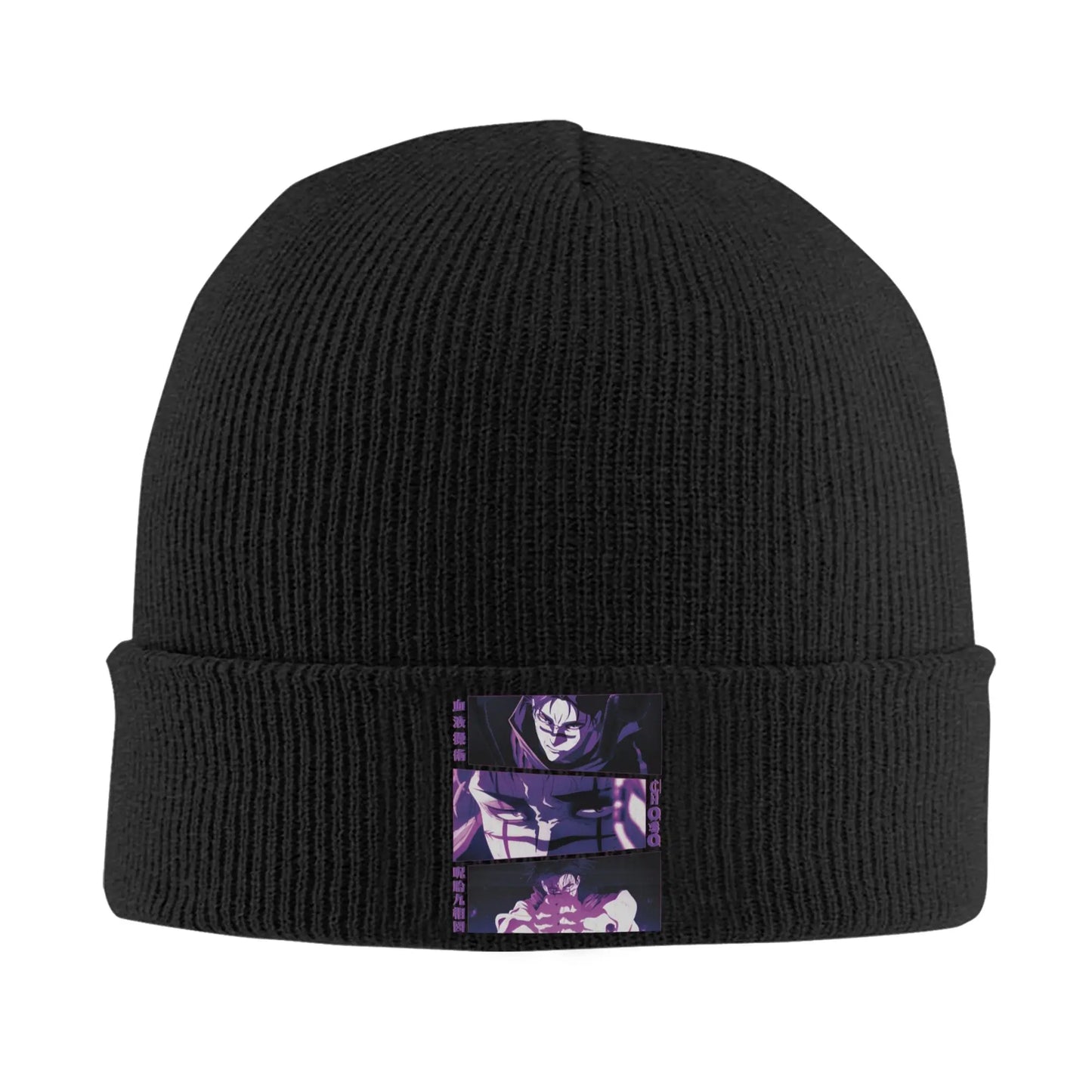 Bonnet en maille noire avec patch violet Jujutsu Kaisen Choso Diptyque
