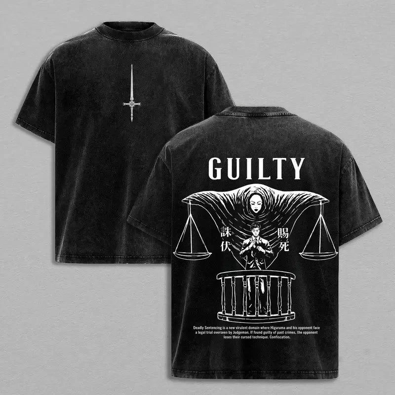 T-shirt noir manches courtes avec motif avocat et balance, dos imprimé « GUILTY ».