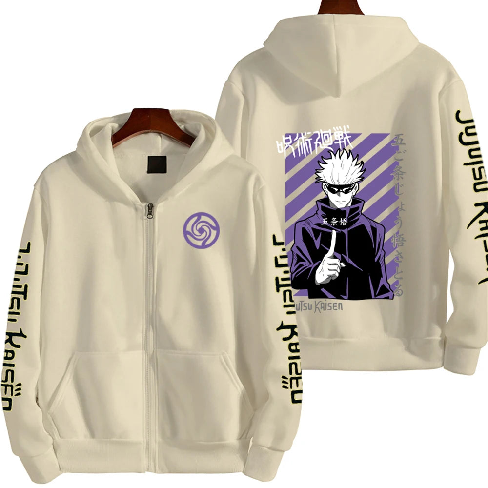 Veste à capuche zippée crème, motif violet au dos et logo spirale au devant.