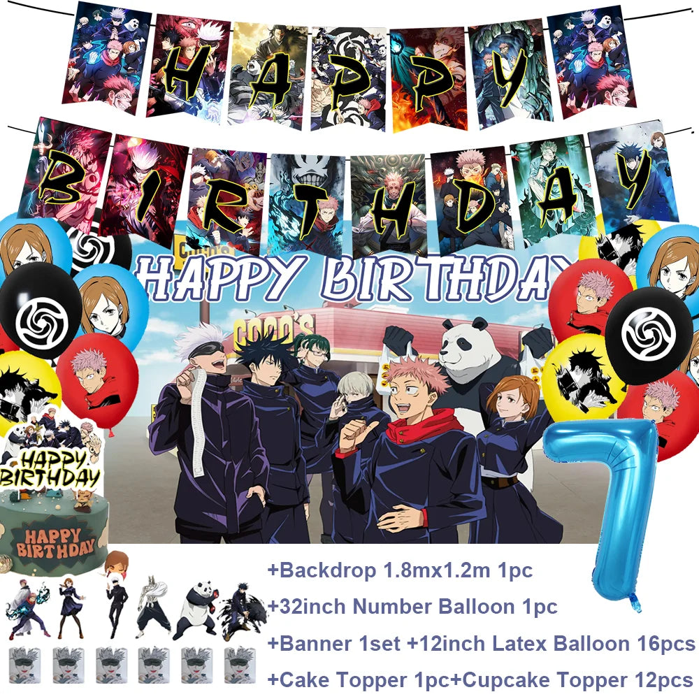Décoration anniversaire Jujutsu Kaisen : banderoles, ballons ronds et grand ballon