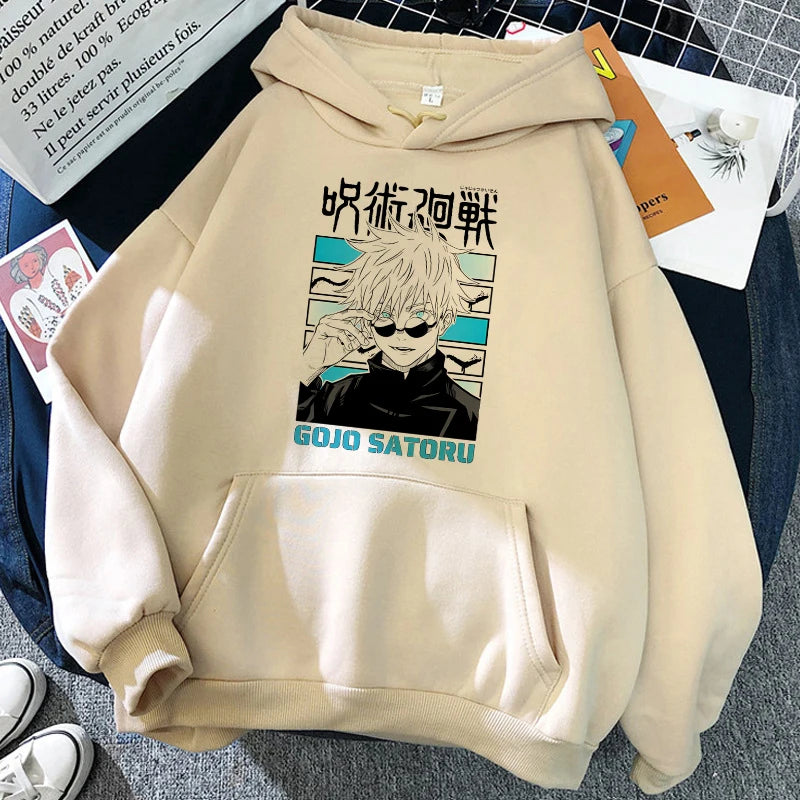 Sweat à capuche beige, grande poche kangourou et visuel noir/bleu avec texte sur le devant