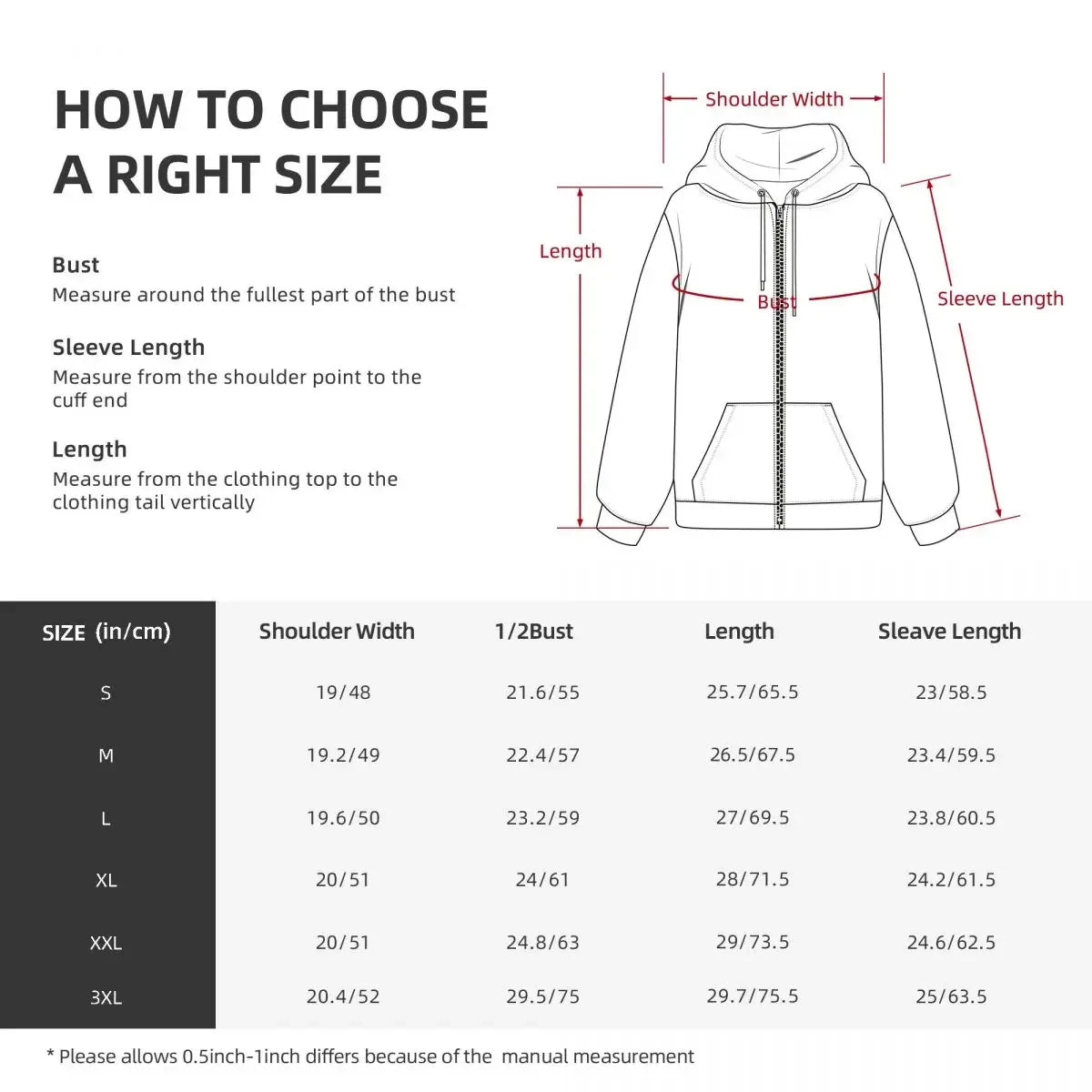 Guide des tailles pour veste à capuche : largeur d’épaules, buste, longueur, manches