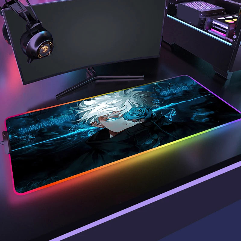 Tapis de souris RGB bleu avec illustration anime et bord lumineux multicolore