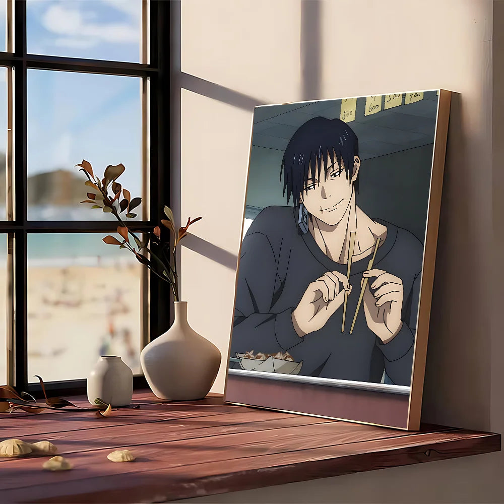 Poster Jujutsu Kaisen Toji Sourire Beige : affiche encadrée avec personnage anime souriant, cheveux noirs, fond beige