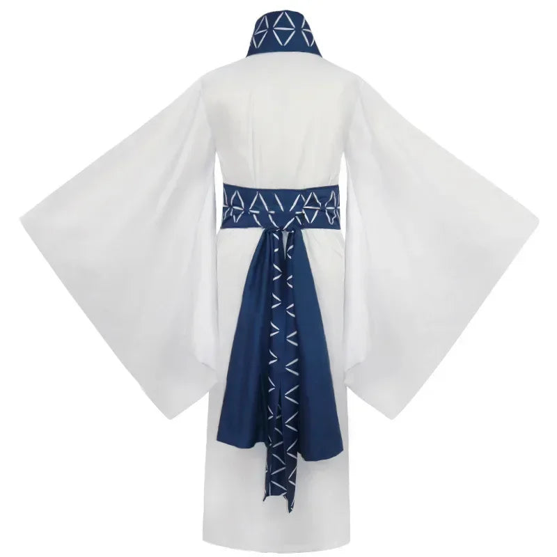 Kimono cosplay blanc au dos, col et ceinture bleu marine, motifs géométriques