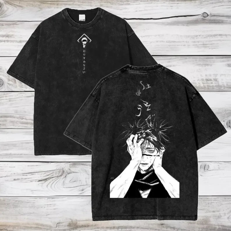 T-shirt noir col rond avec imprimé manga en grand format au dos