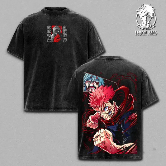 T-shirt noir col rond, visuel manga Yuji x Mahito devant et dos
