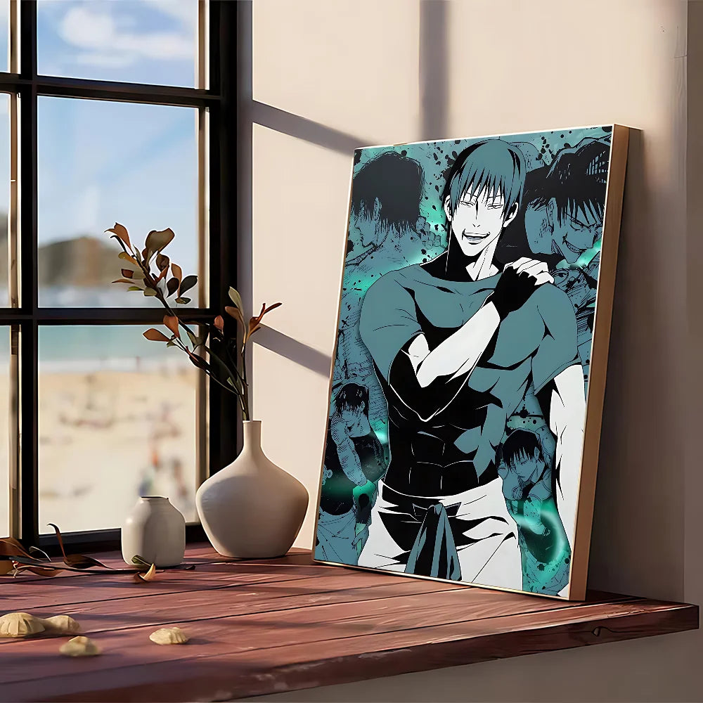 Poster Jujutsu Kaisen : affiche Toji Énergie Verte avec personnage anime en tenue sombre, fond turquoise et noir.