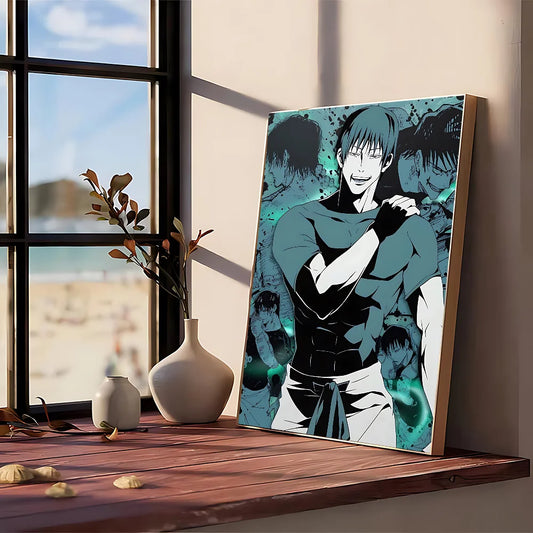 Poster Jujutsu Kaisen : affiche Toji Énergie Verte avec personnage anime en tenue sombre, fond turquoise et noir.