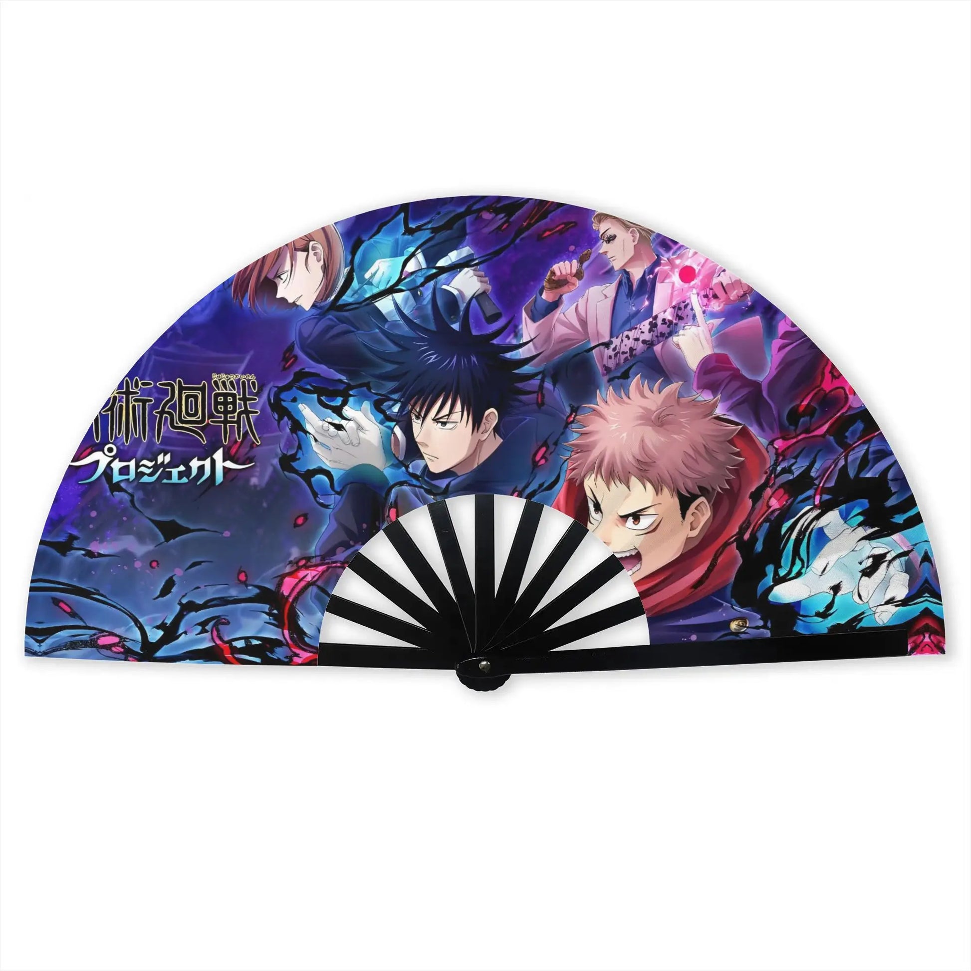 Éventail pliant en tissu violet et bleu, personnages anime, poignée noire et pan rayé.