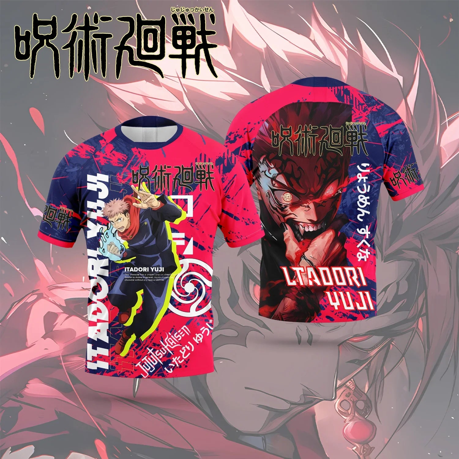 T-shirt enfant bleu marine et rouge, imprimé Itadori Yuji style manga