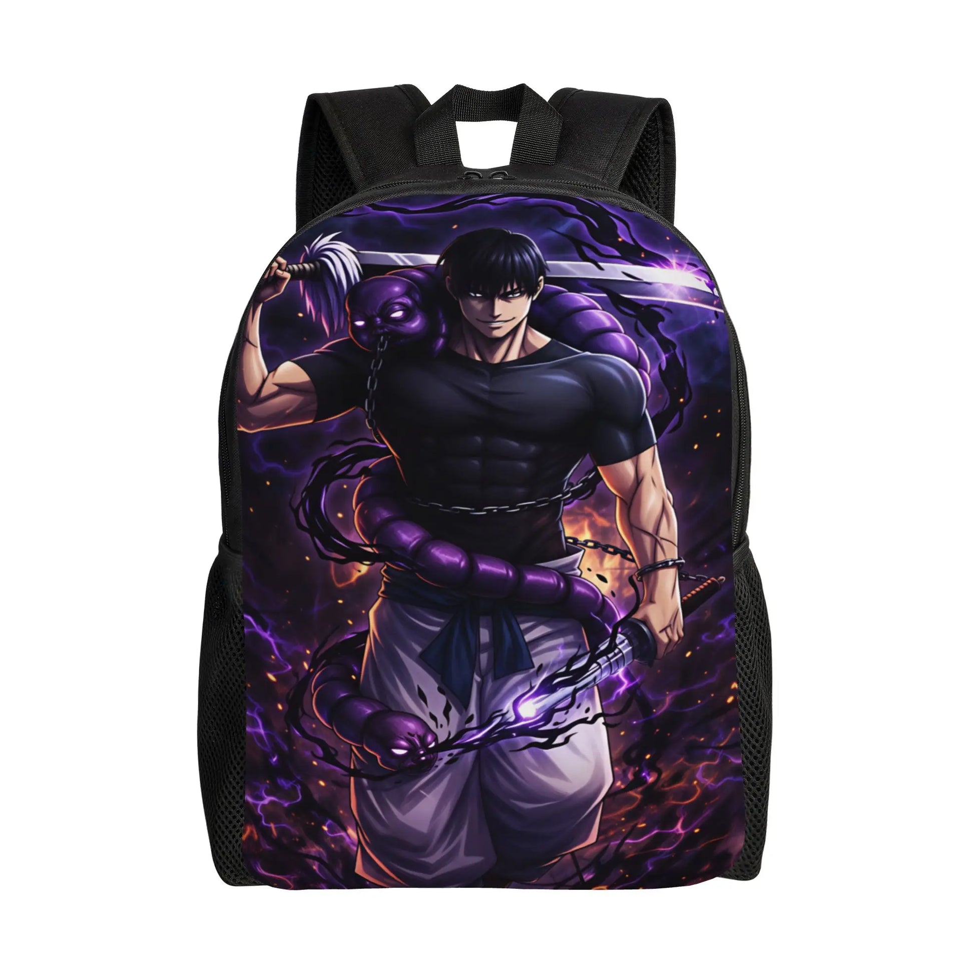 Sac à dos noir à imprimé violet avec personnage, bretelles et poche frontale zippée.