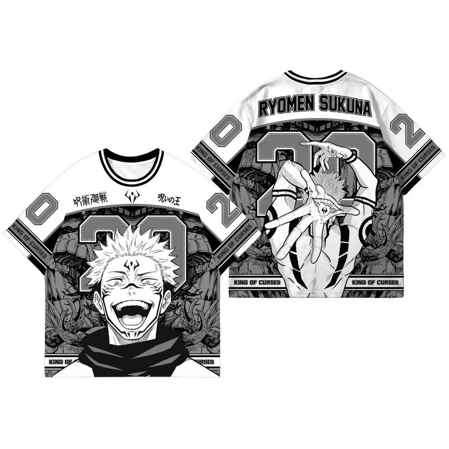 T-shirt col rond blanc, grand motif noir et blanc « RYOMEN SUKUNA »