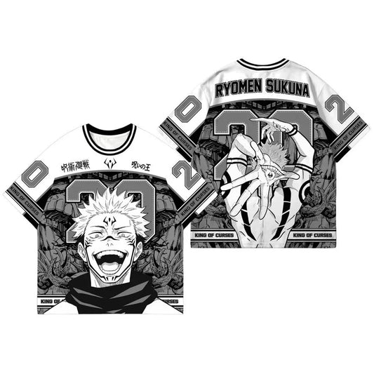 T-shirt col rond blanc, grand motif noir et blanc « RYOMEN SUKUNA »