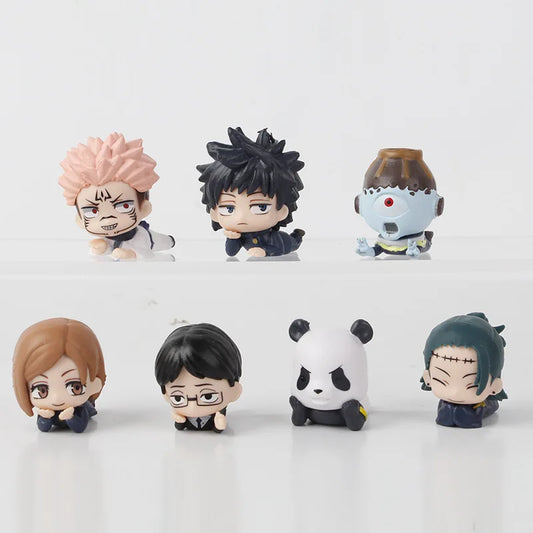 Minifiguras Jujutsu Kaisen chibi, 7 personajes variados, vista de conjunto frontal.