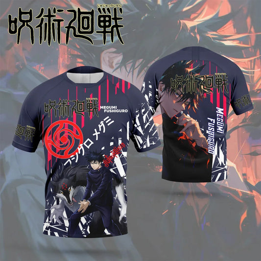 T-shirt noir manches courtes, imprimé Jujutsu Kaisen, col rond