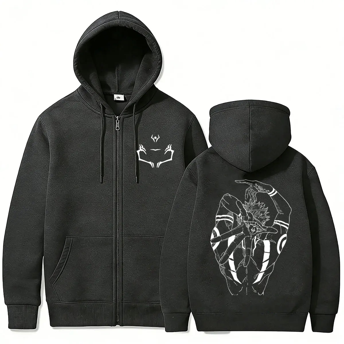 Veste à capuche zippée gris foncé, imprimé démon aux yeux devant et dos, poches kangourou
