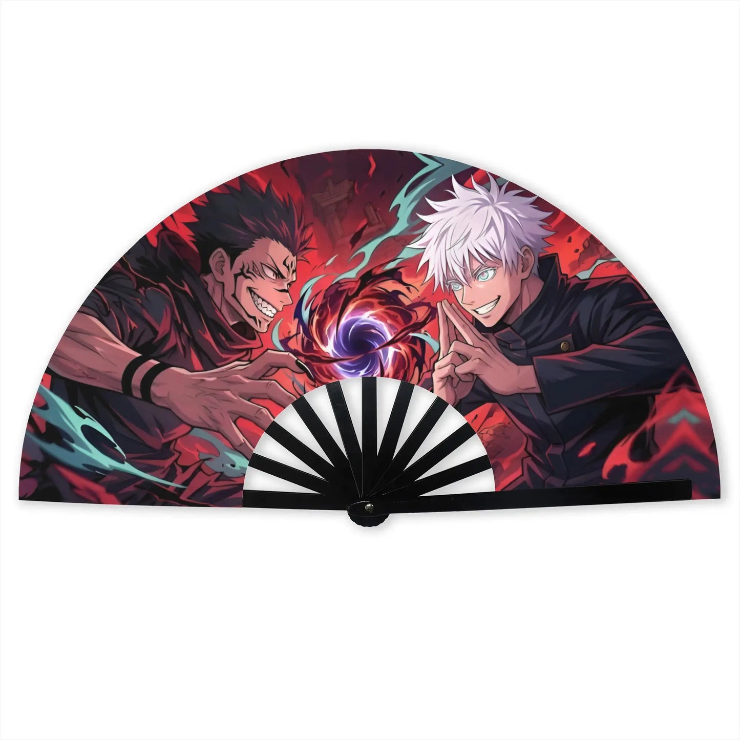 Éventail demi-circulaire à poignée noire, illustration Gojo et Sukuna en couleurs vives