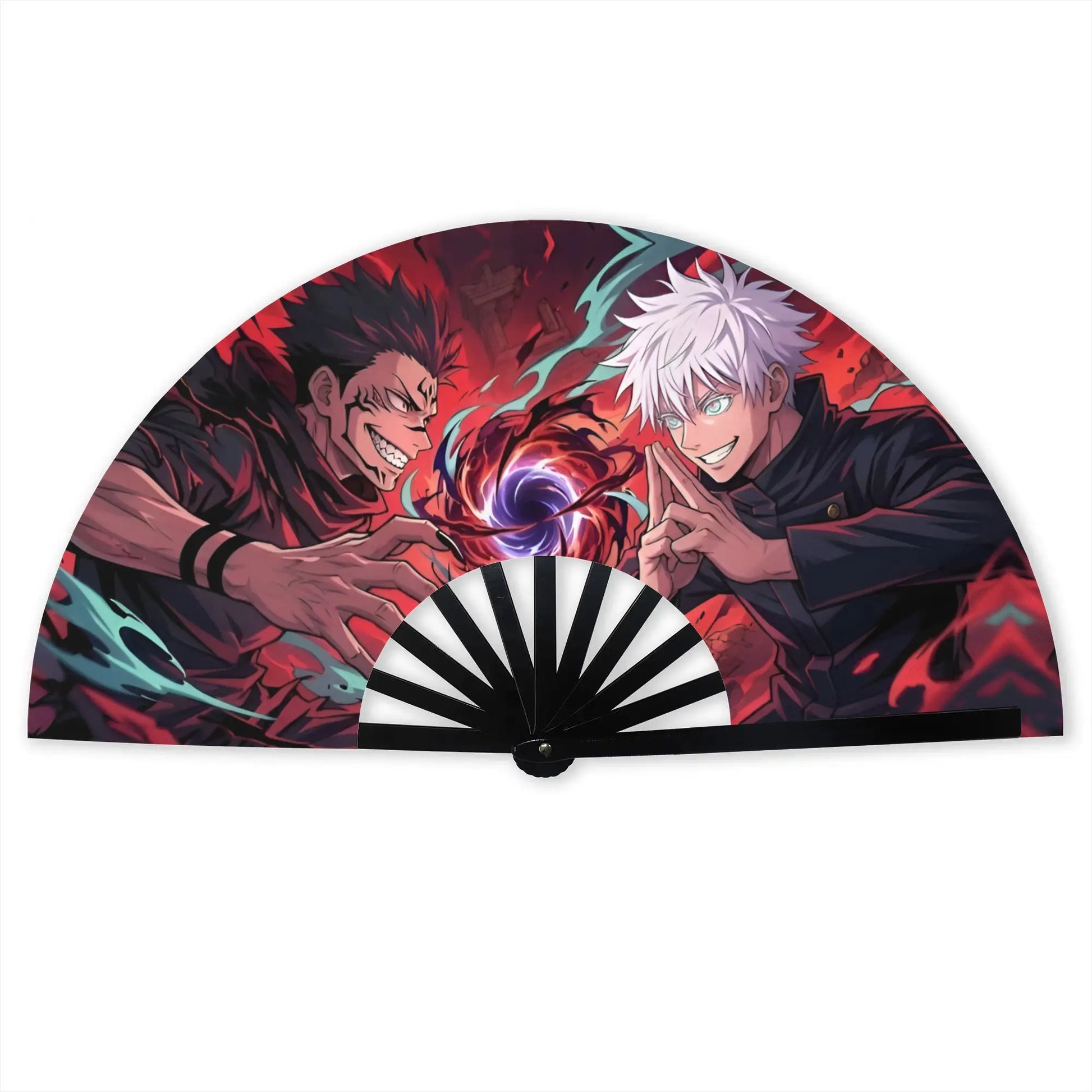 Éventail demi-circulaire à poignée noire, illustration Gojo et Sukuna en couleurs vives