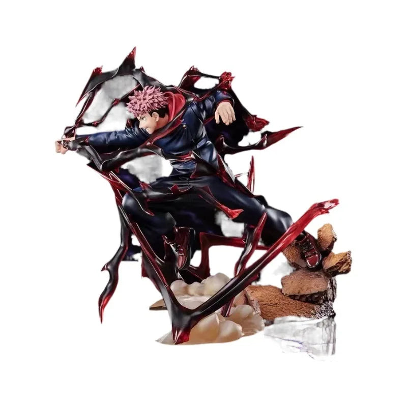 Figurine Démon Aura : personnage cheveux roses, tenue noire et bleue, aura rouge, base avec pierres