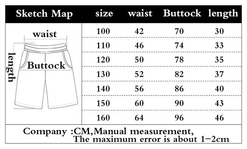 Short avec schéma de mesures : taille, fesses et longueur.