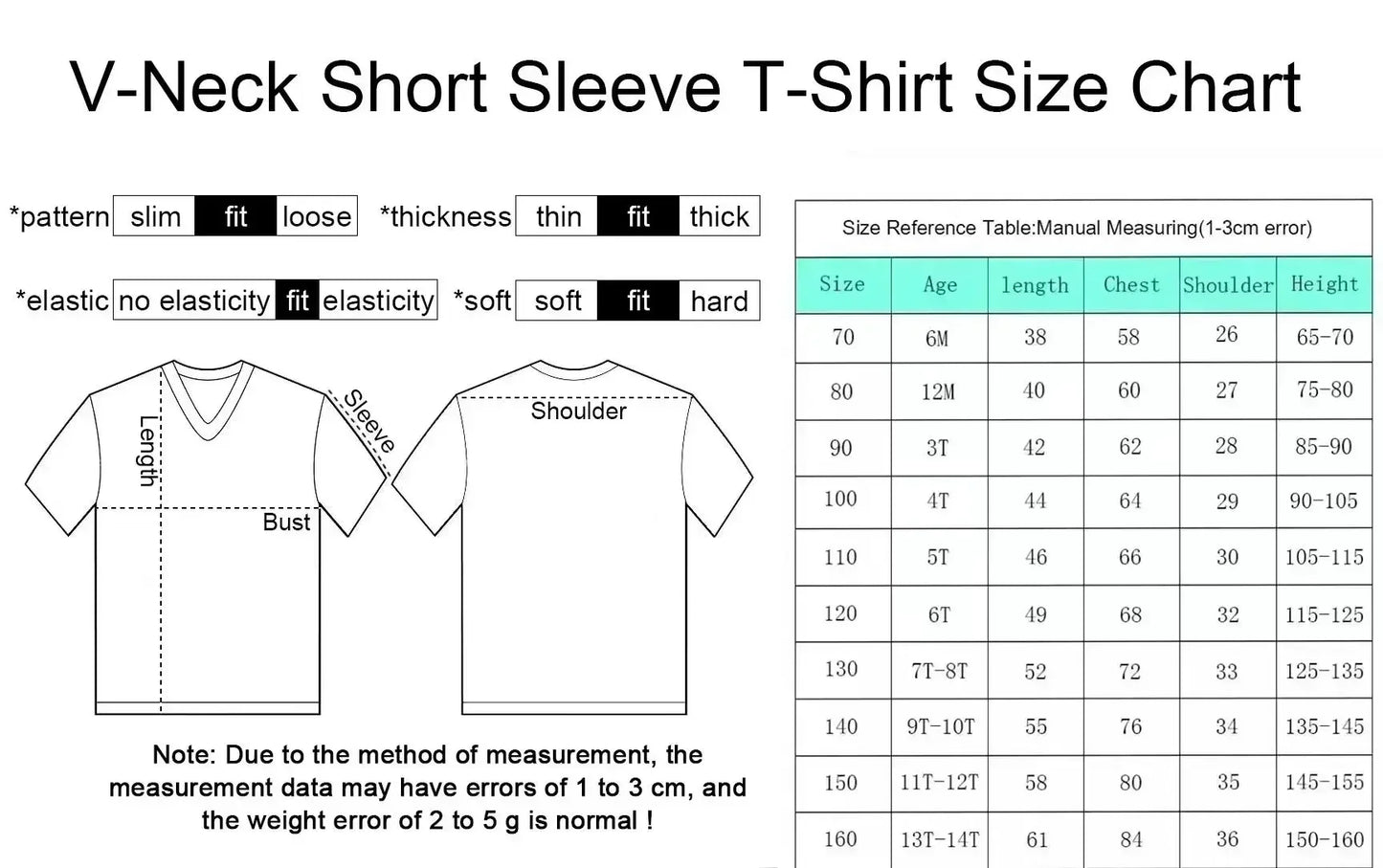 Guide des tailles t-shirt col V manches courtes : tableau des mesures en cm.