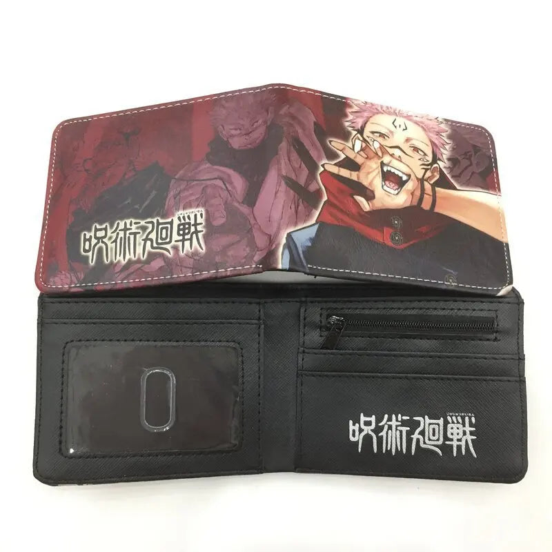 Porte-feuilles bicolore noir et rouge avec illustration manga et pochettes à cartes.