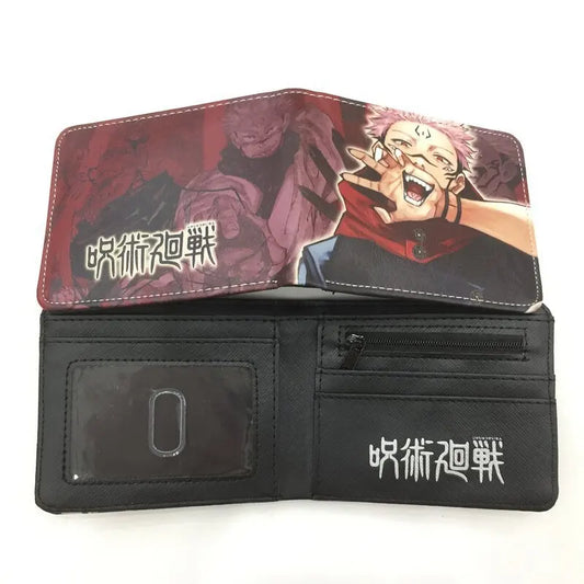 Porte-feuilles bicolore noir et rouge avec illustration manga et pochettes à cartes.
