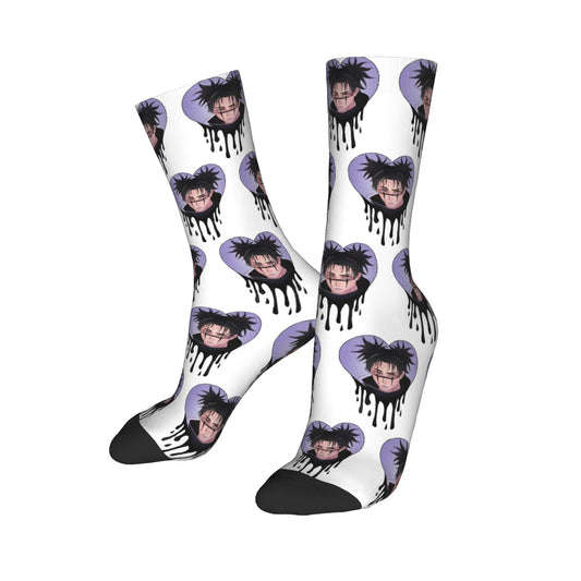 Paire de chaussettes blanches imprimées personnages anime, bord et pointe noirs.