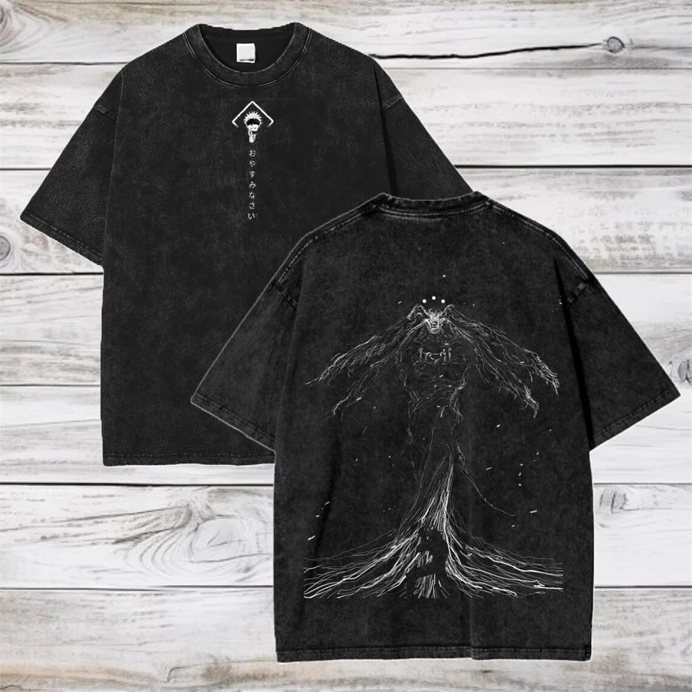 T-shirt noir avec motif Mahoraga au centre, col rond et manches courtes