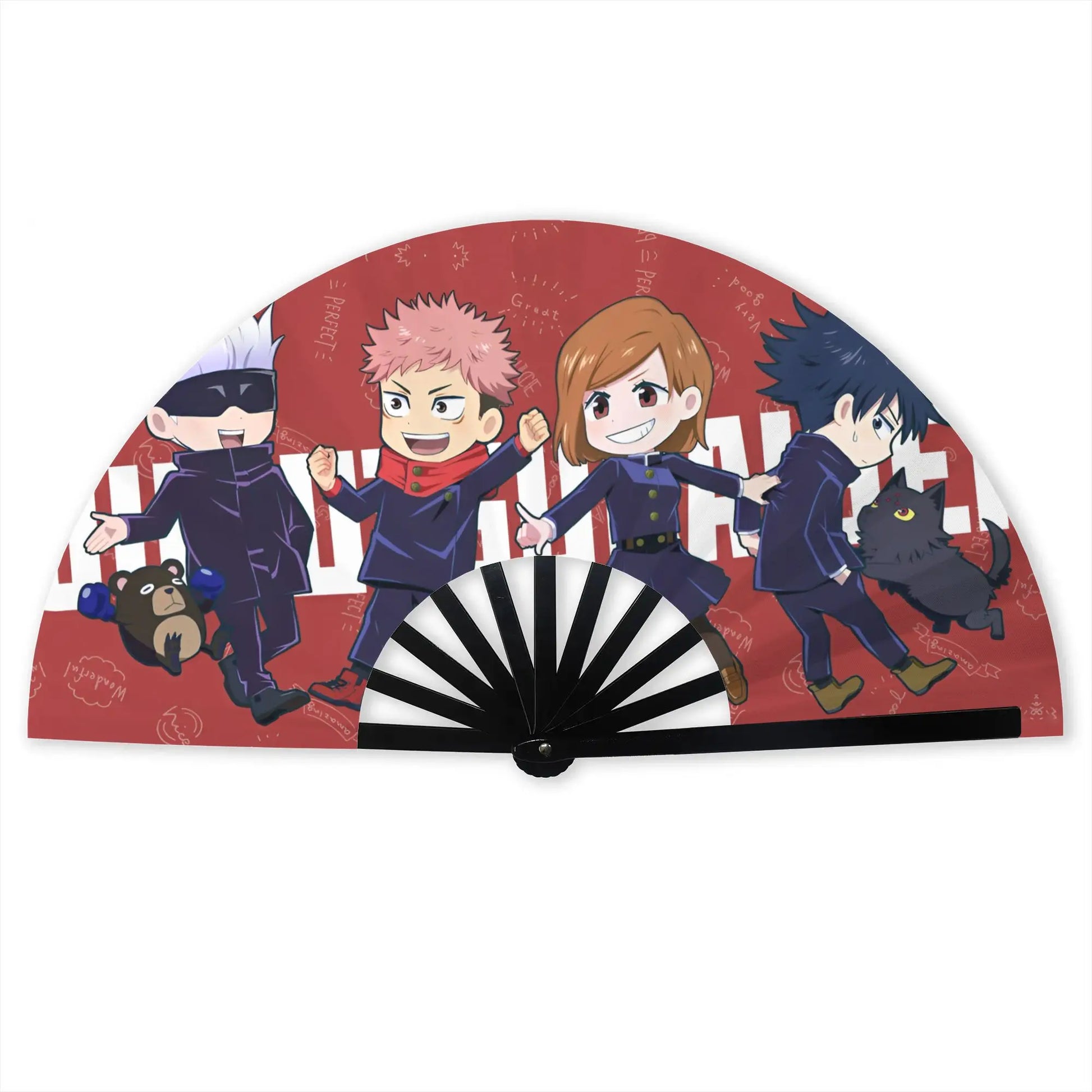Éventail pliable décoré d’illustrations chibi, monture noire et tissu rouge